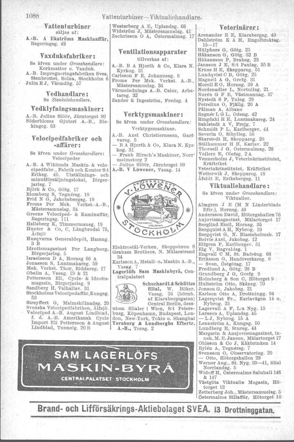 63 Velcipedfabriker ch.affärer: Se äfven under Grsshandlare: Velcipeder A.-B. A Wiklunds Maskin- & velcipedfabr., Fabrik ch Kntr S:t Eriksg. 46. Utställnings- ch minutförsäljningslkal, Birgerjarlsg.