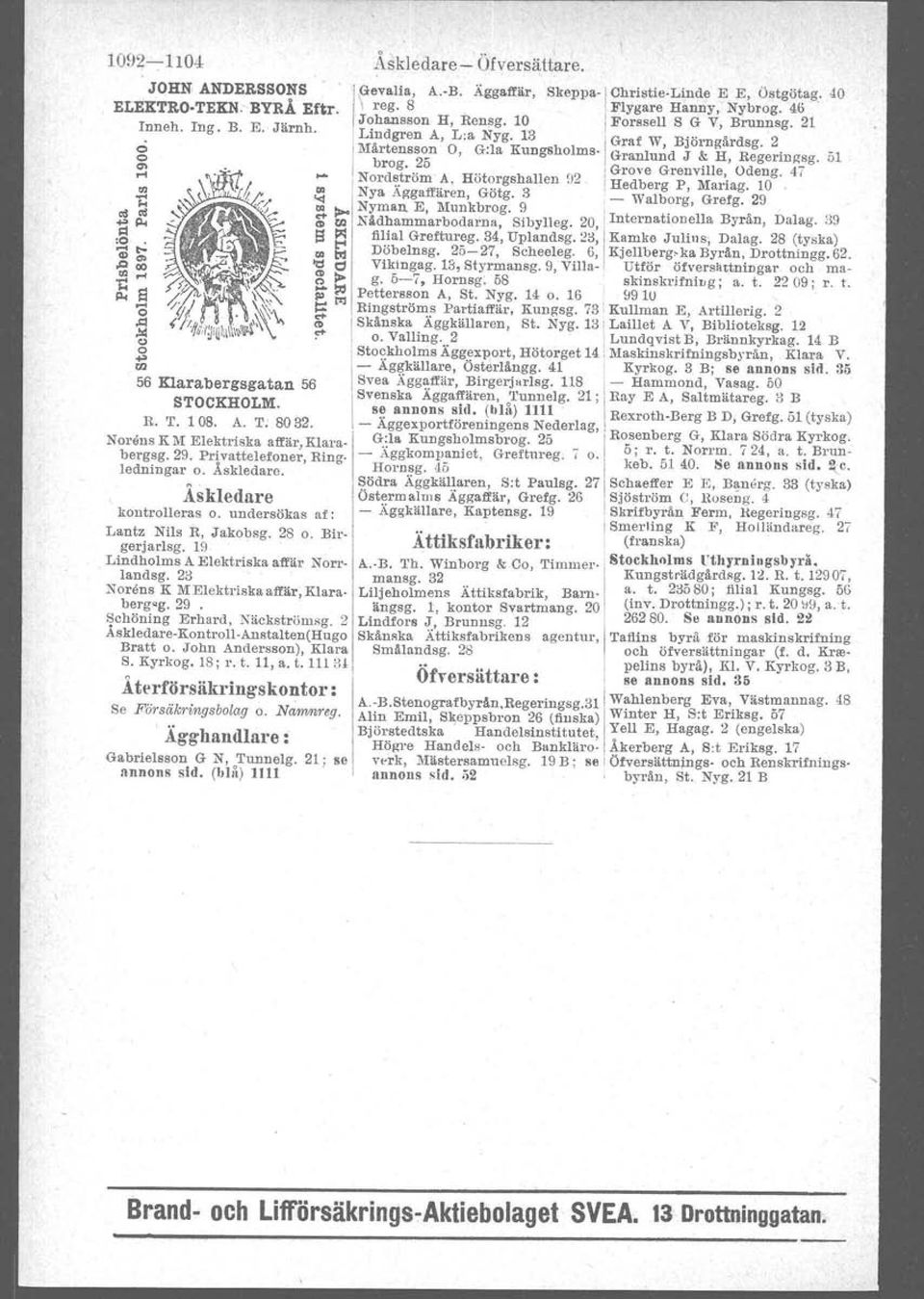 landsg. 23 Nrens K lifelektriska affär, Klara. berg g.29. Schöning Erhard, Näckströmsg. 2 Åskledare- Kntrll- Anstalten(H ug Bratt. Jhn Anderssn), Klara S. Kyrkg. 18; r. t. 11, a. t. 1113.