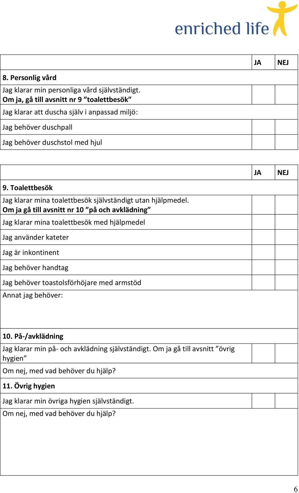 Toalettbesök Jag klarar mina toalettbesök självständigt utan hjälpmedel.