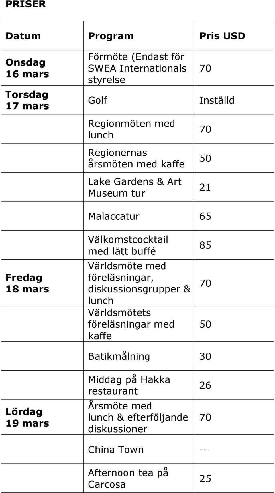 med lätt buffé Världsmöte med föreläsningar, diskussionsgrupper & lunch Världsmötets föreläsningar med kaffe 85 70 50 Batikmålning 30