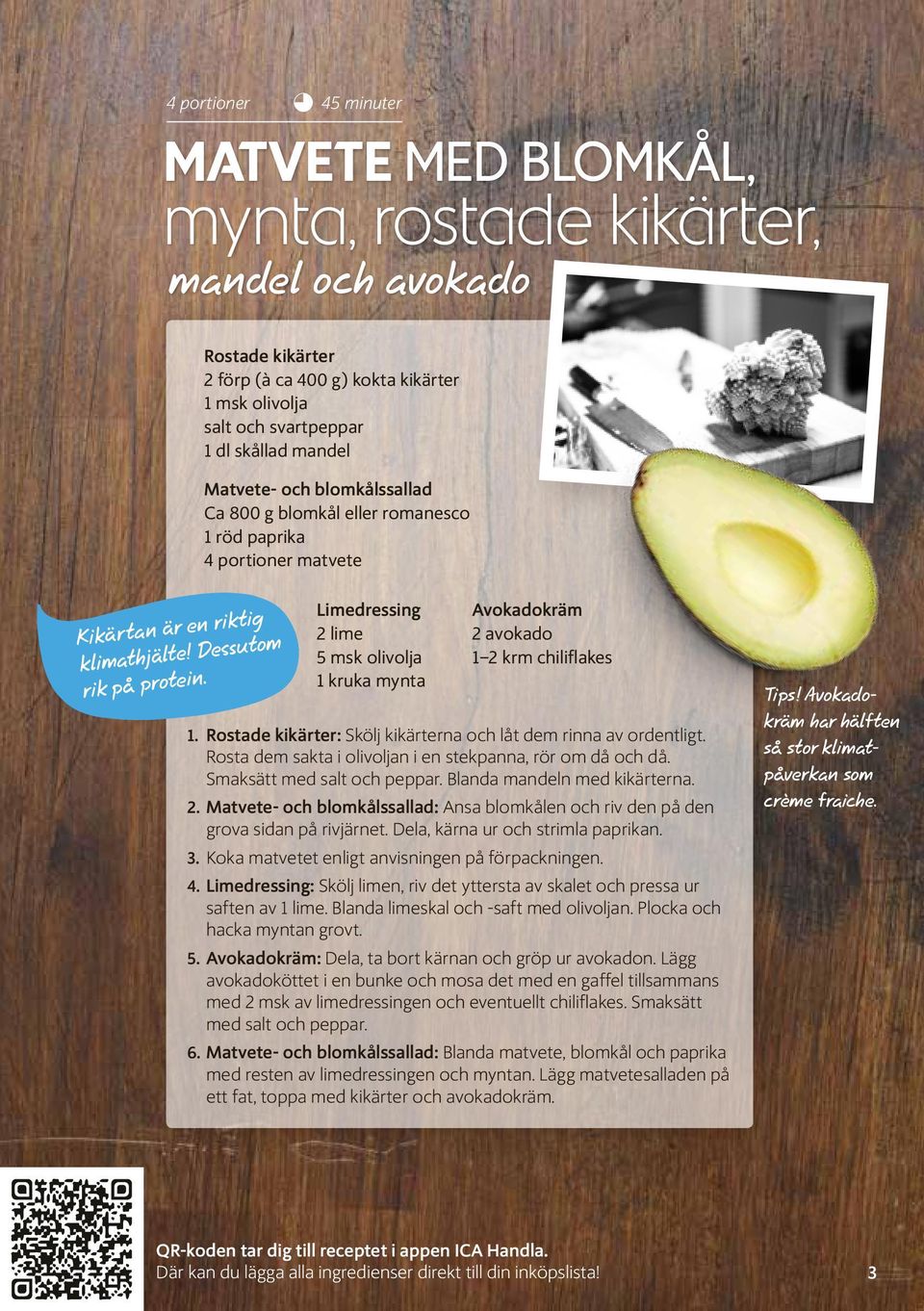 Limedressing 2 lime 5 msk olivolja 1 kruka mynta Avokadokräm 2 avokado 1 2 krm chiliflakes 1. Rostade kikärter: Skölj kikärterna och låt dem rinna av ordentligt.