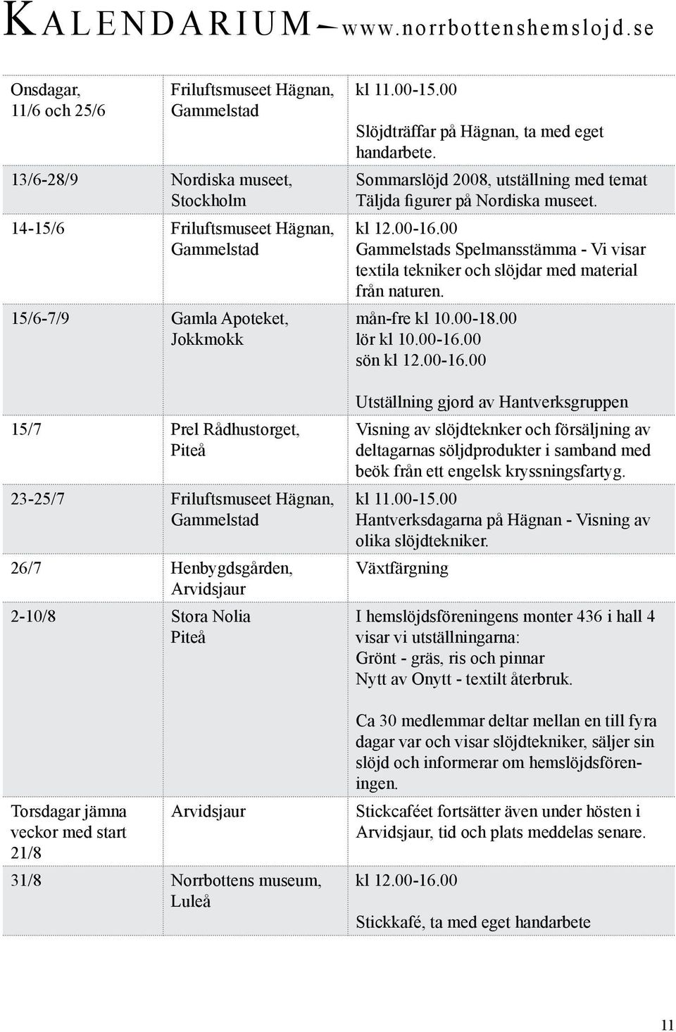 Piteå 23-25/7 Friluftsmuseet Hägnan, Gammelstad 26/7 Henbygdsgården, Arvidsjaur 2-10/8 Stora Nolia Piteå Torsdagar jämna Arvidsjaur veckor med start 21/8 31/8 Norrbottens museum, Luleå kl 11.00-15.