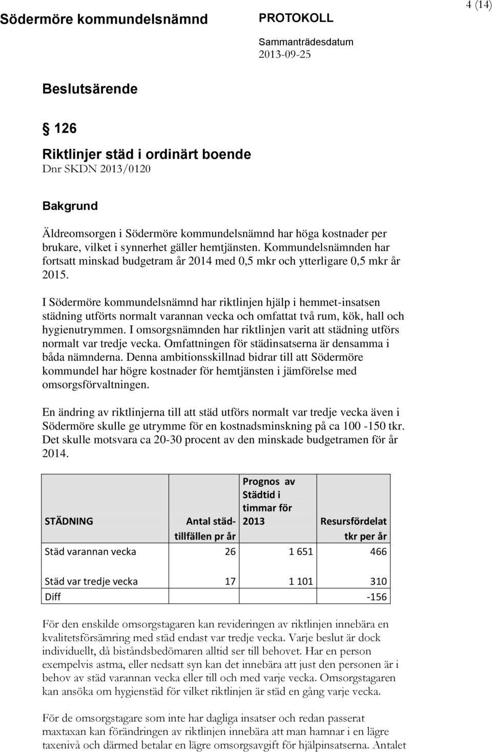 I Södermöre kommundelsnämnd har riktlinjen hjälp i hemmet-insatsen städning utförts normalt varannan vecka och omfattat två rum, kök, hall och hygienutrymmen.