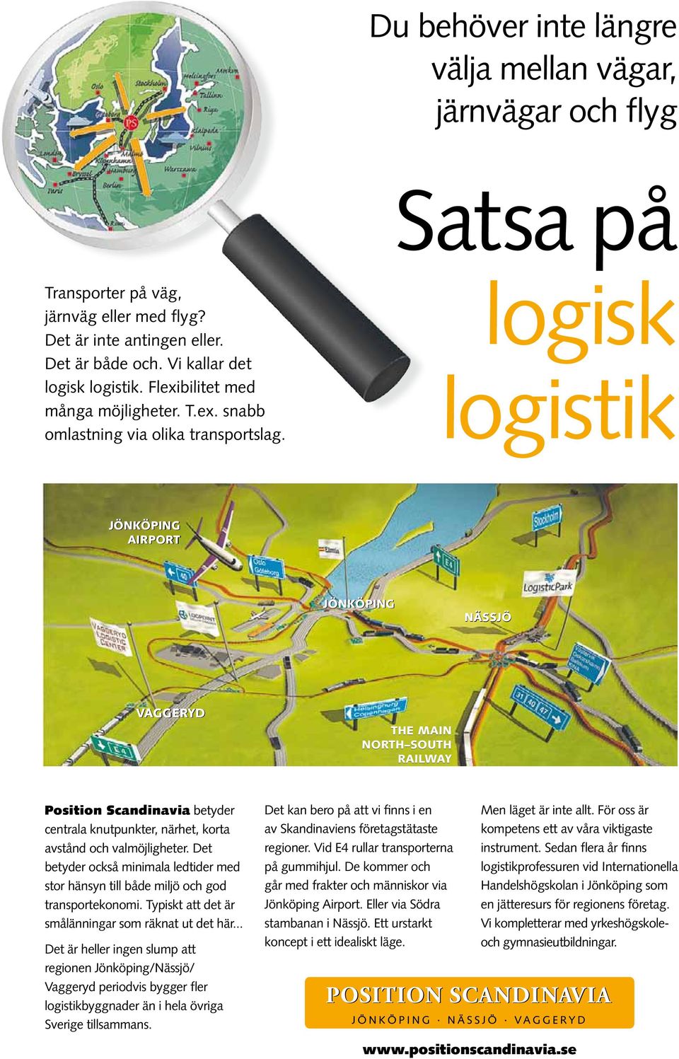 logisk logistik JÖNKÖPING AIRPORT JÖNKÖPING NÄSSJÖ VAGGERYD THE MAIN NORTH SOUTH RAILWAY Position Scandinavia betyder centrala knutpunkter, närhet, korta avstånd och valmöjligheter.