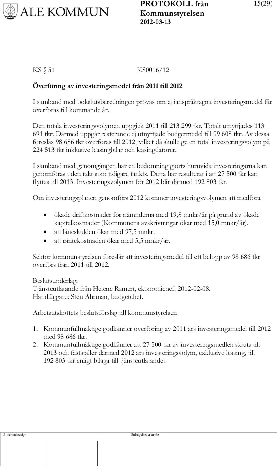 Av dessa föreslås 98 686 tkr överföras till 2012, vilket då skulle ge en total investeringsvolym på 224 513 tkr inklusive leasingbilar och leasingdatorer.