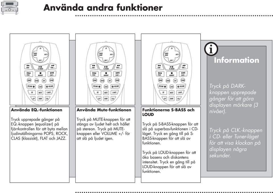 Funktonerna S-BASS och LOUD Tryck på S-BASS-knappen för att slå på superbas-funktonen CDläget. Tryck en gång tll på S- BASS-knappen för att slå av funktonen.