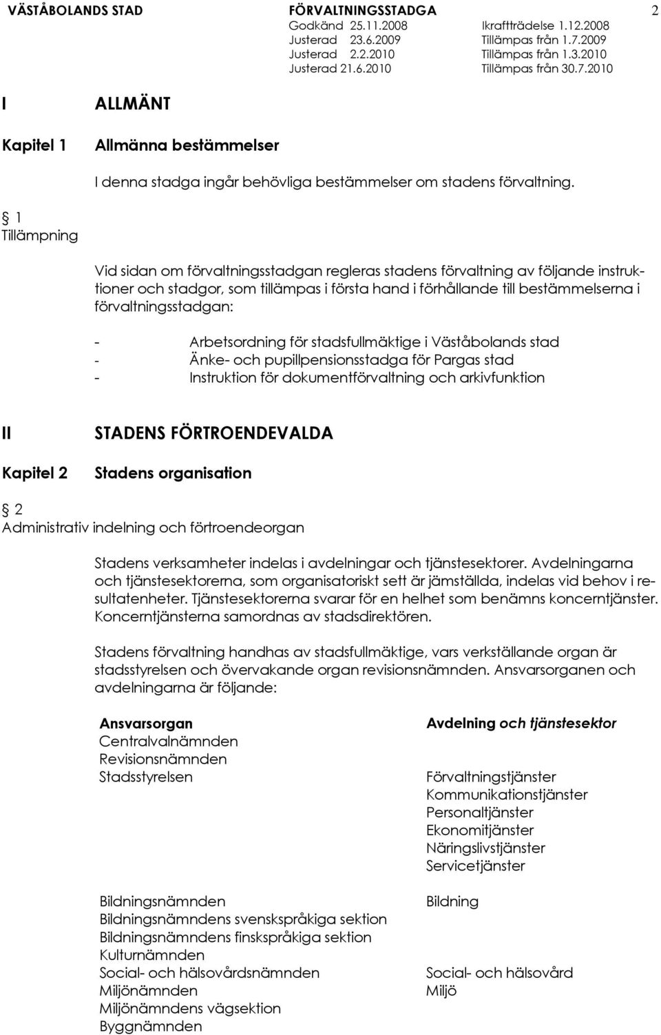 - Arbetsordning för stadsfullmäktige i Väståbolands stad - Änke- och pupillpensionsstadga för Pargas stad - Instruktion för dokumentförvaltning och arkivfunktion II Kapitel 2 STADENS FÖRTROENDEVALDA