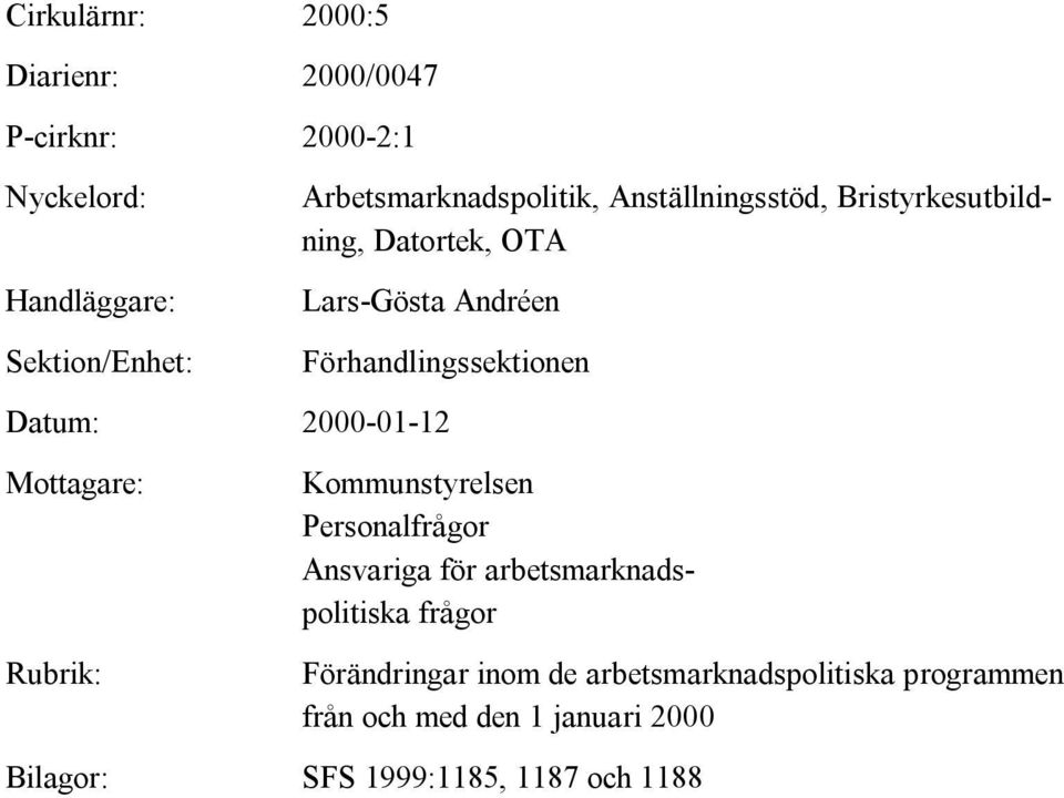 2000-01-12 Mottagare: Rubrik: Kommunstyrelsen Personalfrågor Ansvariga för arbetsmarknadspolitiska frågor
