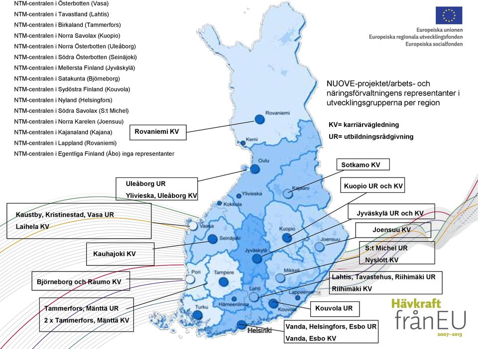 (Helsingfors) NTM-centralen i Södra Savolax (S:t Michel) NTM-centralen i Norra Karelen (Joensuu) NTM-centralen i Kajanaland (Kajana) Rovaniemi KV NTM-centralen i Lappland (Rovaniemi) NTM-centralen i