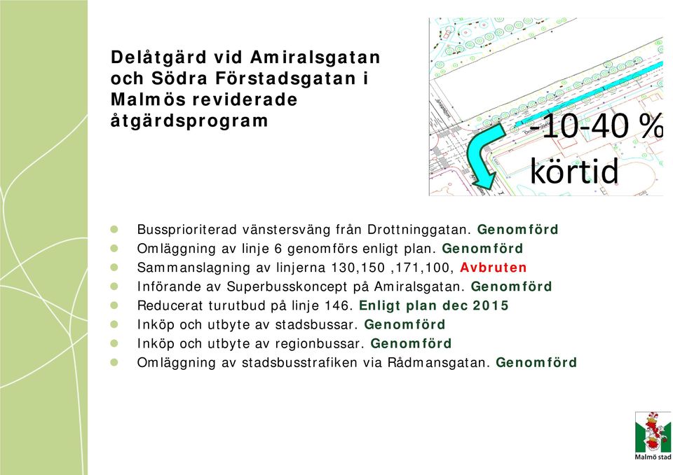 Genomförd Sammanslagning av linjerna 130,150,171,100, Avbruten Införande av Superbusskoncept på Amiralsgatan.