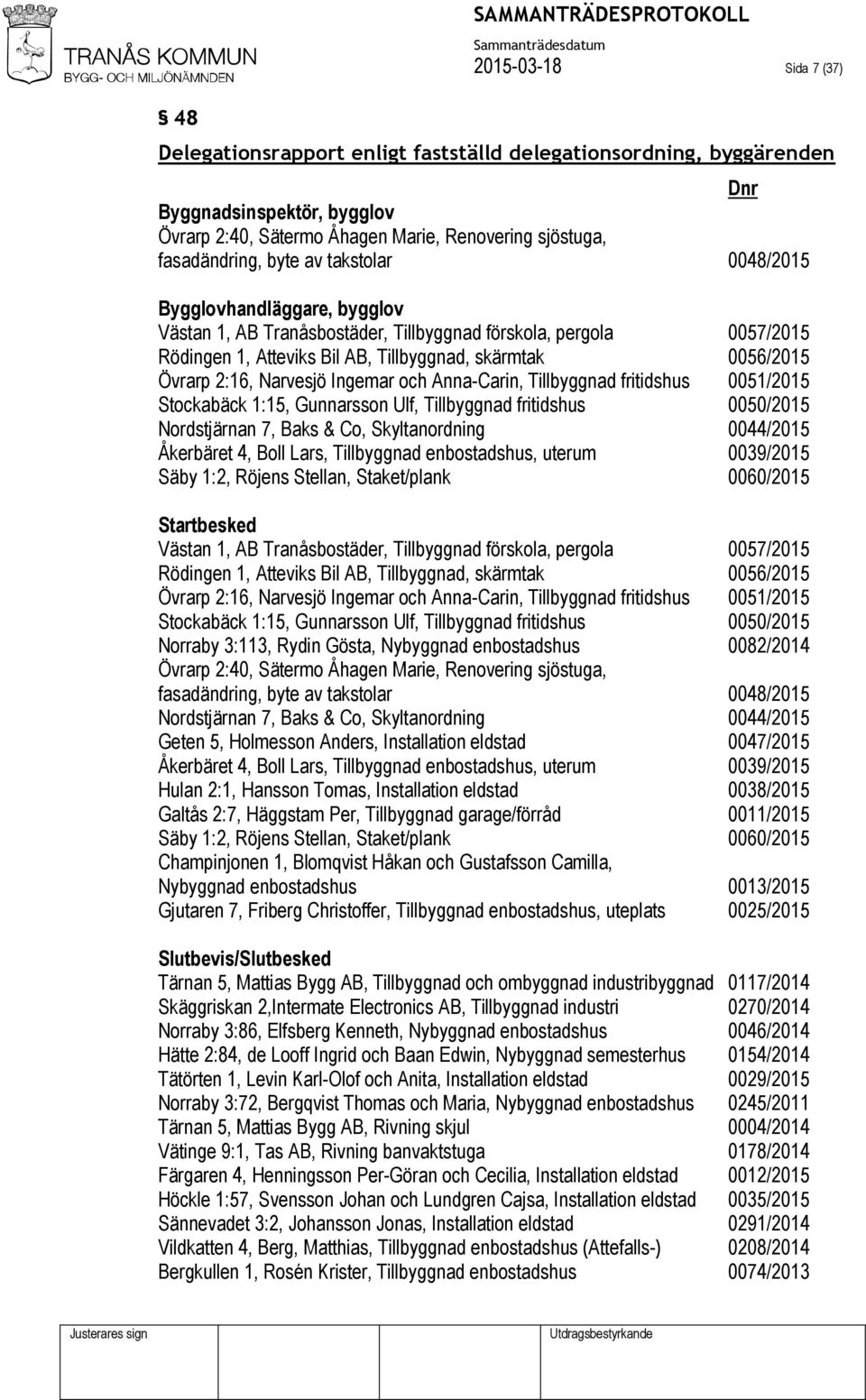 Narvesjö Ingemar och Anna-Carin, Tillbyggnad fritidshus 0051/2015 Stockabäck 1:15, Gunnarsson Ulf, Tillbyggnad fritidshus 0050/2015 Nordstjärnan 7, Baks & Co, Skyltanordning 0044/2015 Åkerbäret 4,