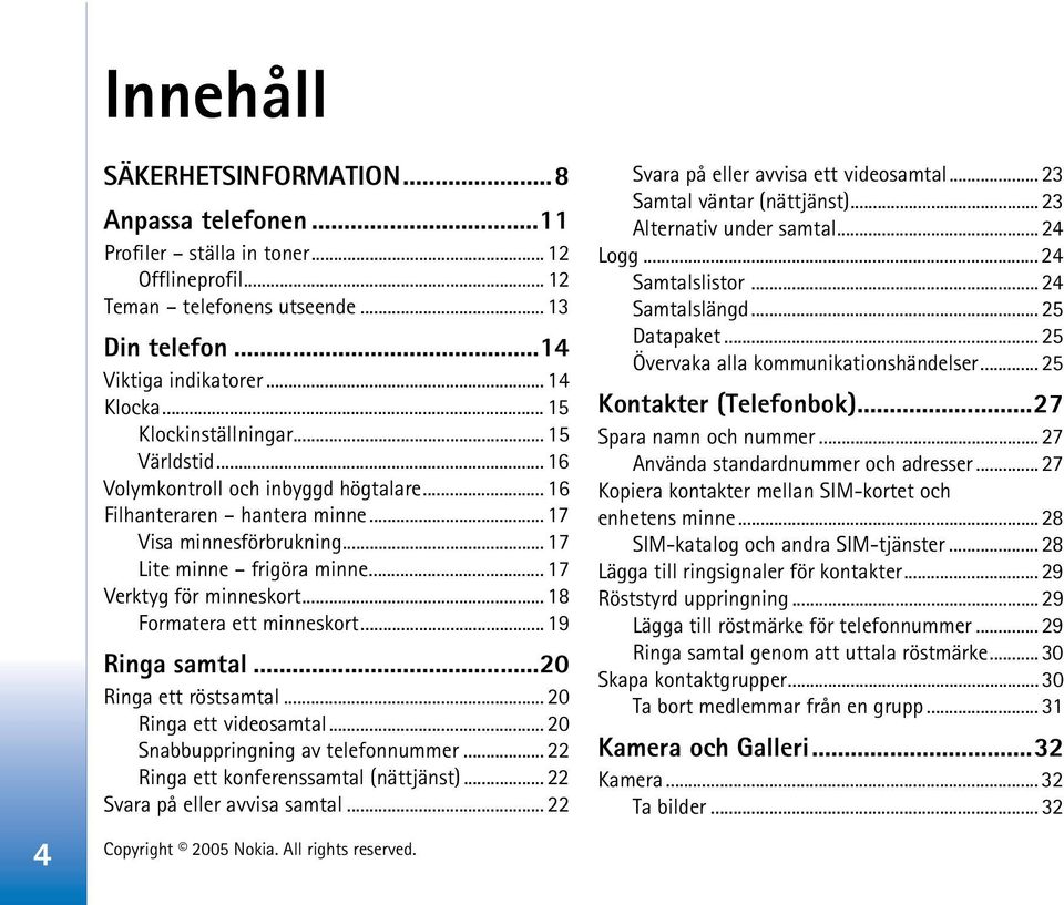 .. 17 Verktyg för minneskort... 18 Formatera ett minneskort... 19 Ringa samtal...20 Ringa ett röstsamtal... 20 Ringa ett videosamtal... 20 Snabbuppringning av telefonnummer.