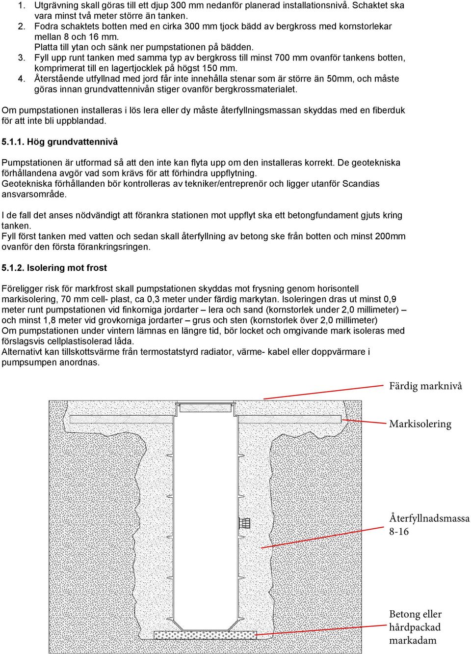 4. Återstående utfyllnad med jord får inte innehålla stenar som är större än 50mm, och måste göras innan grundvattennivån stiger ovanför bergkrossmaterialet.