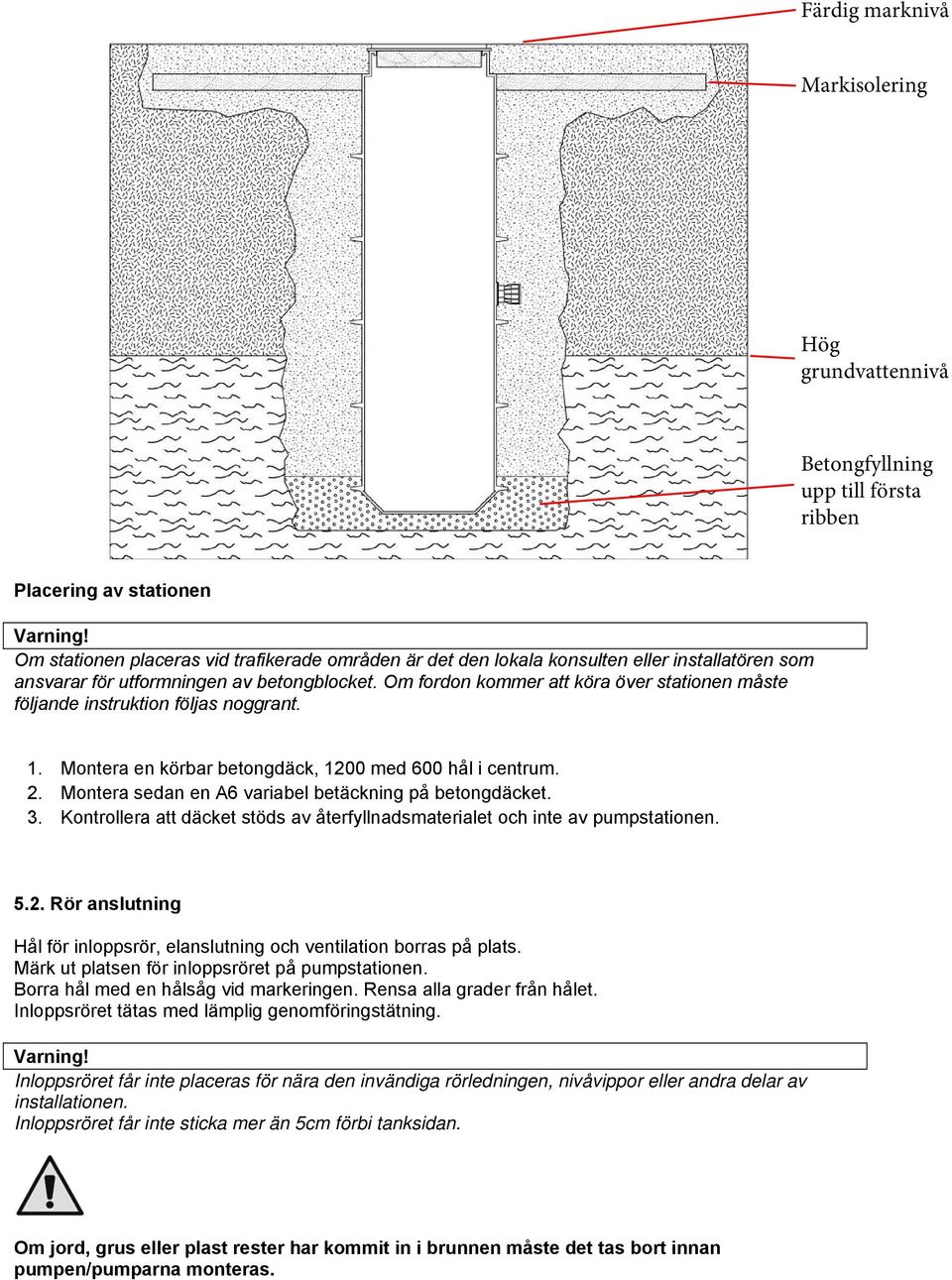 Om fordon kommer att köra över stationen måste följande instruktion följas noggrant. 1. Montera en körbar betongdäck, 1200 med 600 hål i centrum. 2.