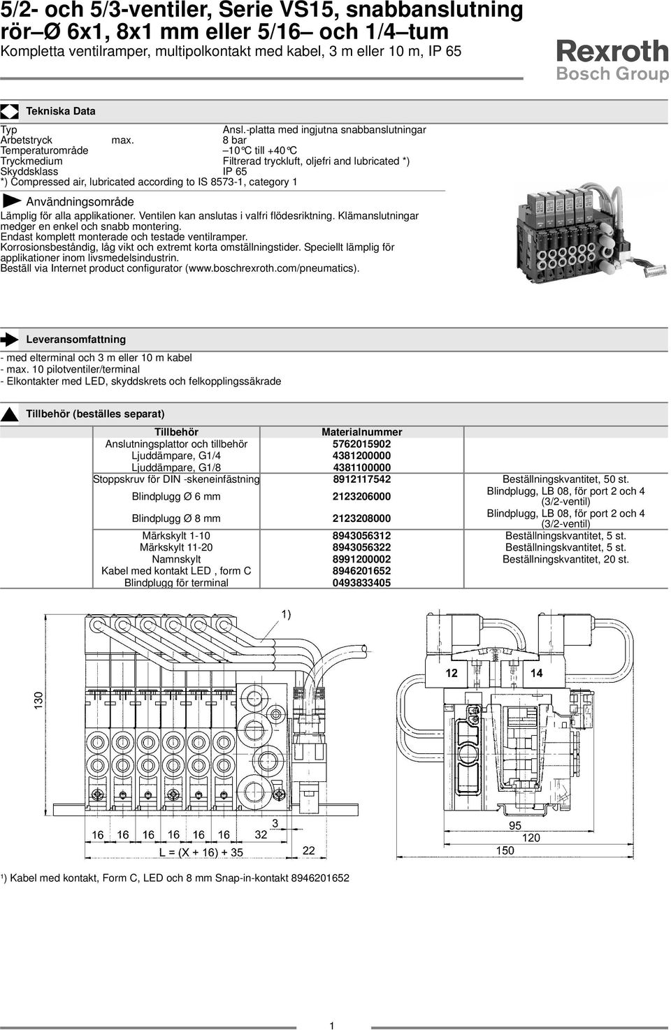 8 bar Temperaturområde 0 C till +40 C Tryckmedium Filtrerad tryckluft, oljefri and lubricated *) Skyddsklass IP 65 *) Compressed air, lubricated according to IS 8573-, category Användningsområde