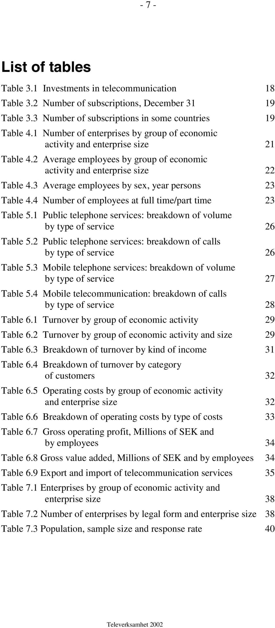 3 Average employees by sex, year persons 23 Table 4.4 Number of employees at full time/part time 23 Table 5.1 Public telephone services: breakdown of volume by type of service 26 Table 5.