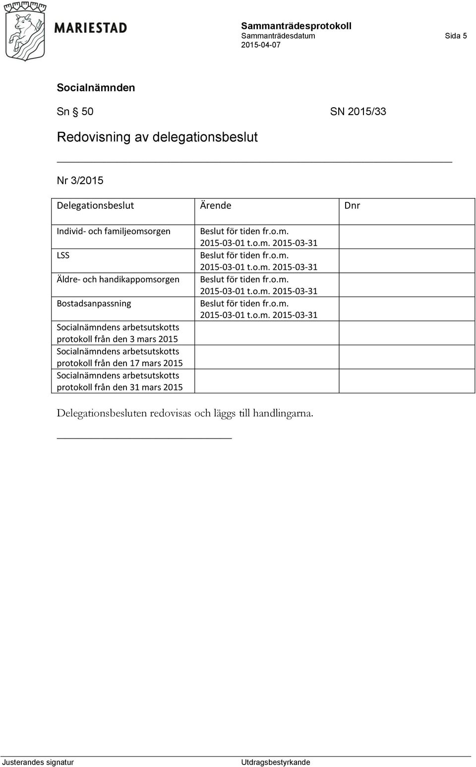 protokoll från den 31 mars 2015 Beslut för tiden fr.o.m. 2015-03-01 t.o.m. 2015-03-31 Beslut för tiden fr.o.m. 2015-03-01 t.o.m. 2015-03-31 Beslut för tiden fr.o.m. 2015-03-01 t.o.m. 2015-03-31 Beslut för tiden fr.o.m. 2015-03-01 t.o.m. 2015-03-31 Delegationsbesluten redovisas och läggs till handlingarna.