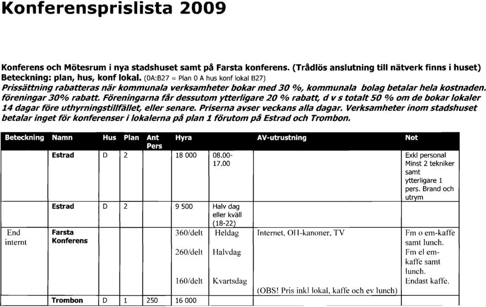 Föreningarna far dessutom ytterligare 20 % rabatt, d v s totalt50 % om de bokarlokaler 14 dagar före uthyrningstillfället, ellersenare. Priserna avser veckans alla dagar.