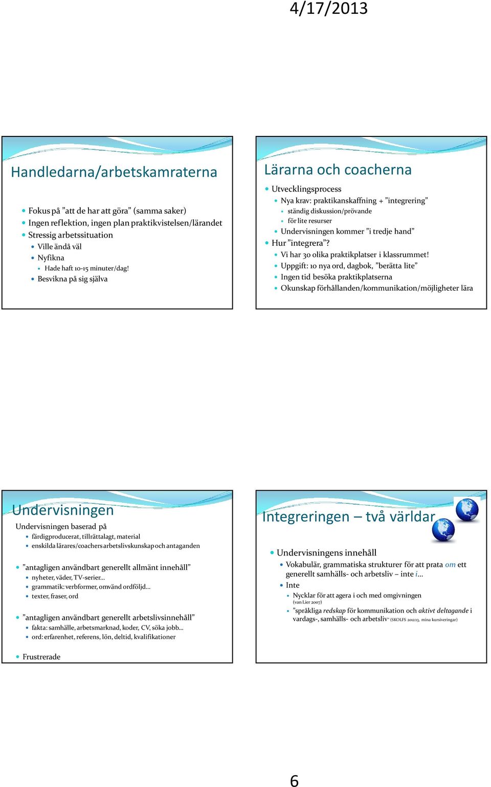 Besvikna på sig själva Lärarna och coacherna Utvecklingsprocess Nya krav: praktikanskaffning + integrering ständig diskussion/prövande för lite resurser Undervisningen kommer i tredje hand Hur