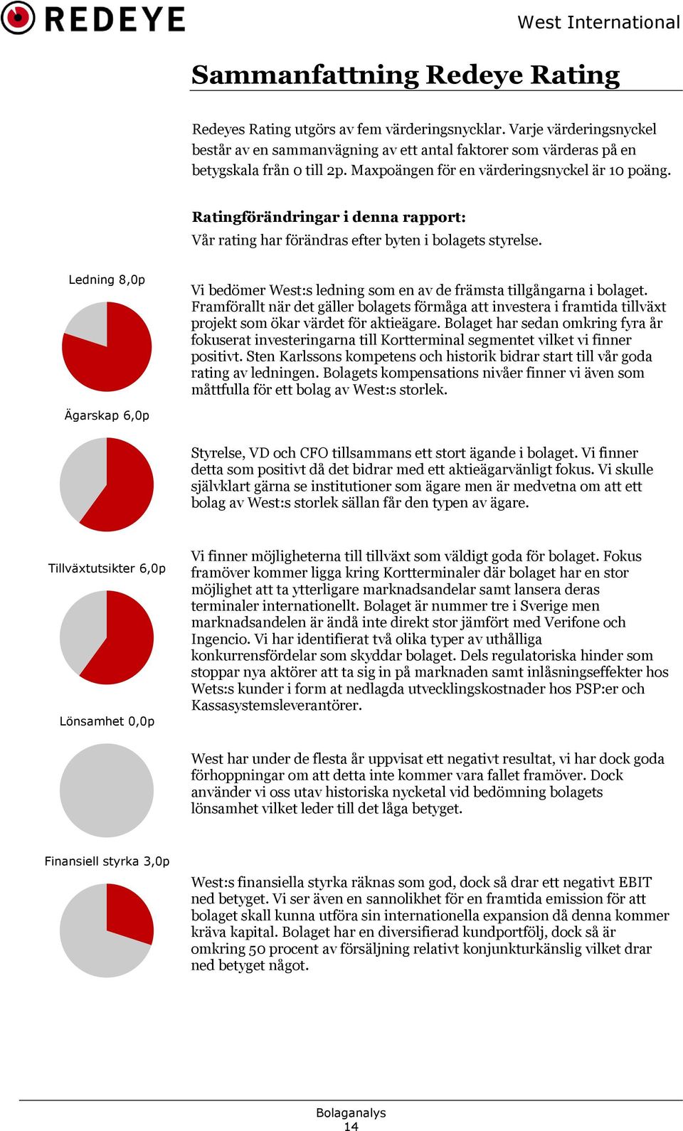 Ledning 8,0p Vi bedömer West:s ledning som en av de främsta tillgångarna i bolaget.