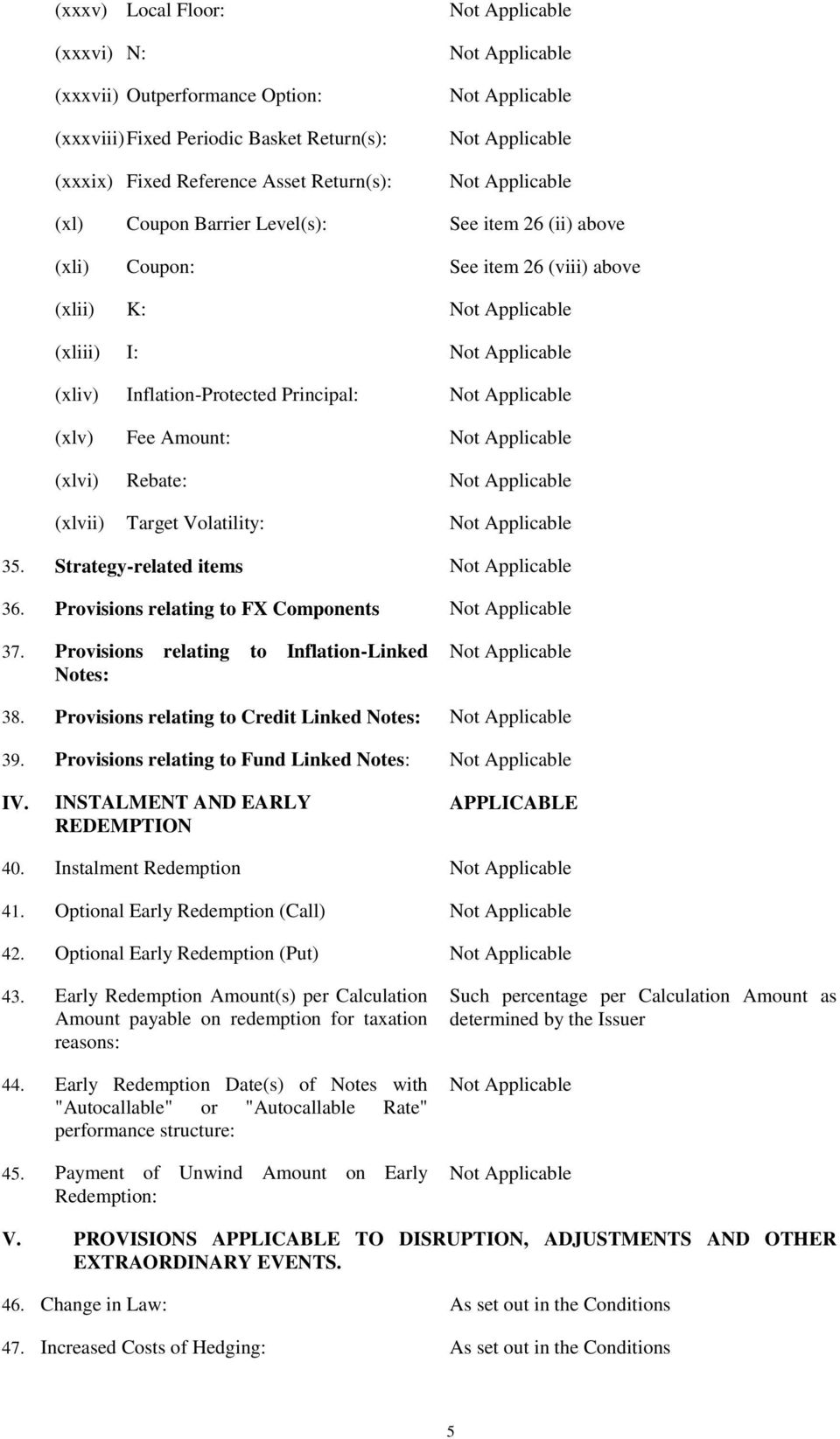 Provisions relating to FX Components 37. Provisions relating to Inflation-Linked Notes: 38. Provisions relating to Credit Linked Notes: 39. Provisions relating to Fund Linked Notes: IV.