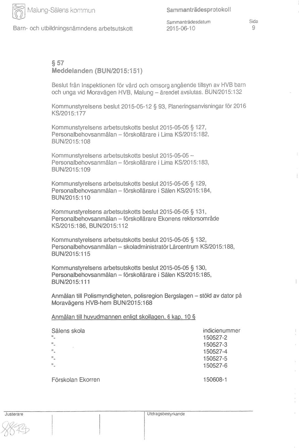 BUN/2015:132 Kommunstyrelsens beslut 2015-05-12 93, Fianeringsanvisningar för 2016 KS/2015; 177 " Kommunstyrelsens arbetsutskotts beslut 2015-05-05 127, Personalbehovsanmälan - förskollärare i Lima