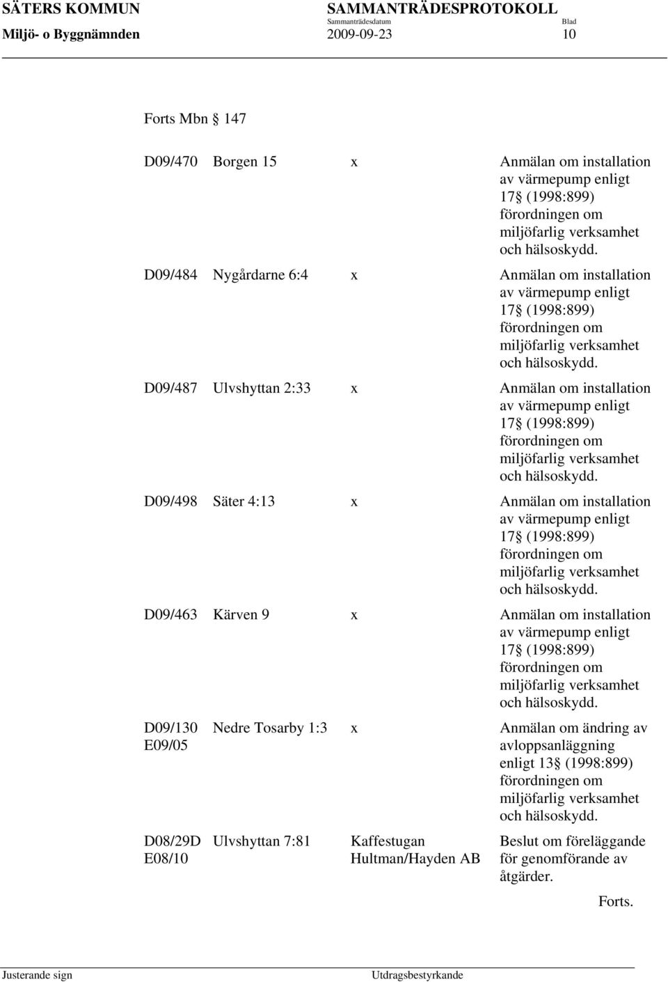 installation av värmepump enligt 17 (1998:899) D09/463 Kärven 9 x Anmälan om installation av värmepump enligt 17 (1998:899) D09/130 E09/05 D08/29D E08/10 Nedre