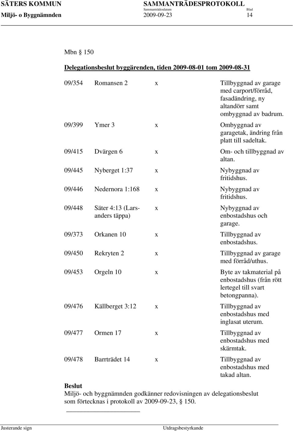 09/446 Nedernora 1:168 x Nybyggnad av fritidshus. 09/448 Säter 4:13 (Larsanders täppa) x Nybyggnad av enbostadshus och garage. 09/373 Orkanen 10 x Tillbyggnad av enbostadshus.