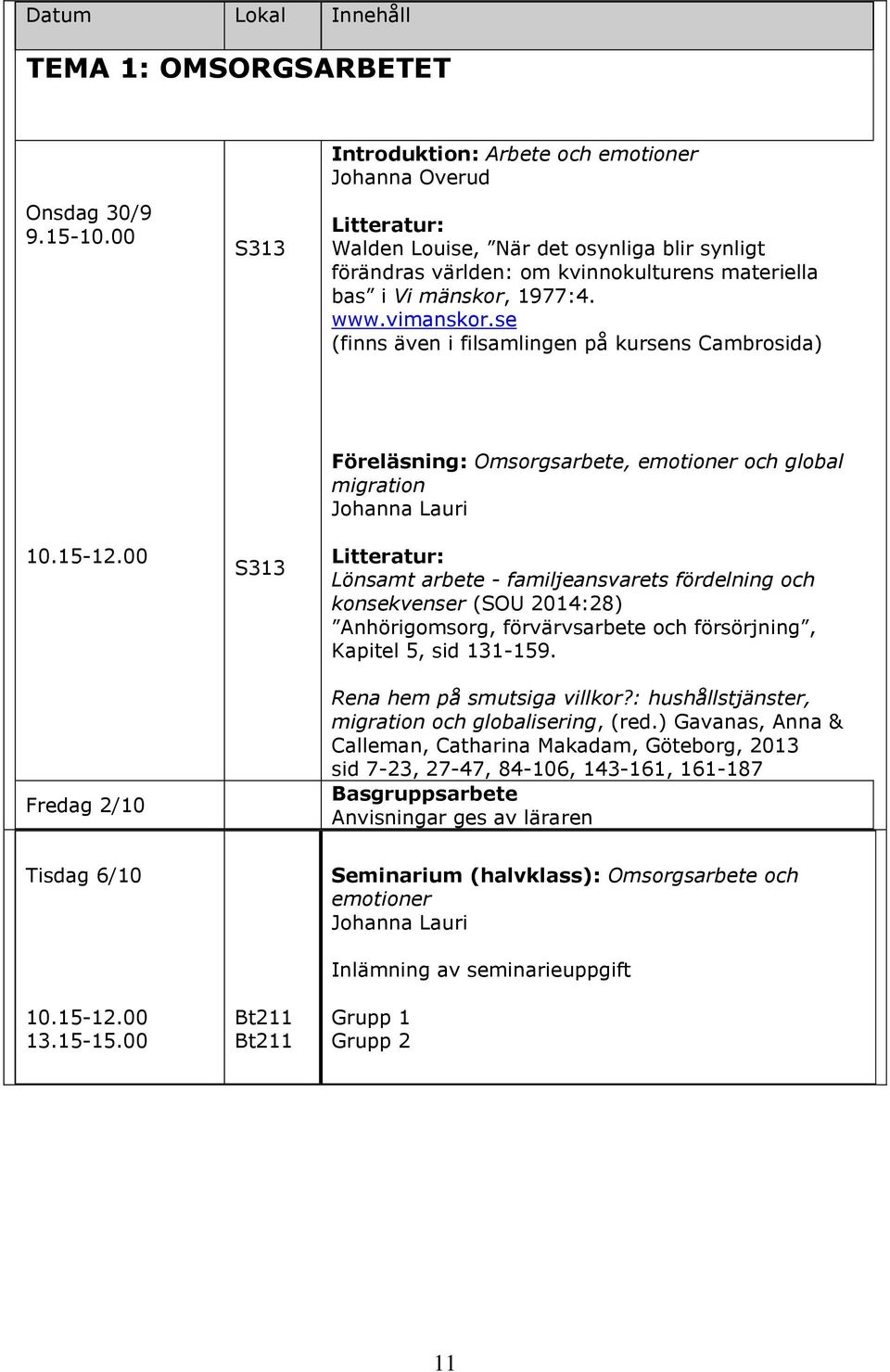 se (finns även i filsamlingen på kursens Cambrosida) Fredag 2/10 S313 Föreläsning: Omsorgsarbete, emotioner och global migration Johanna Lauri Lönsamt arbete - familjeansvarets fördelning och