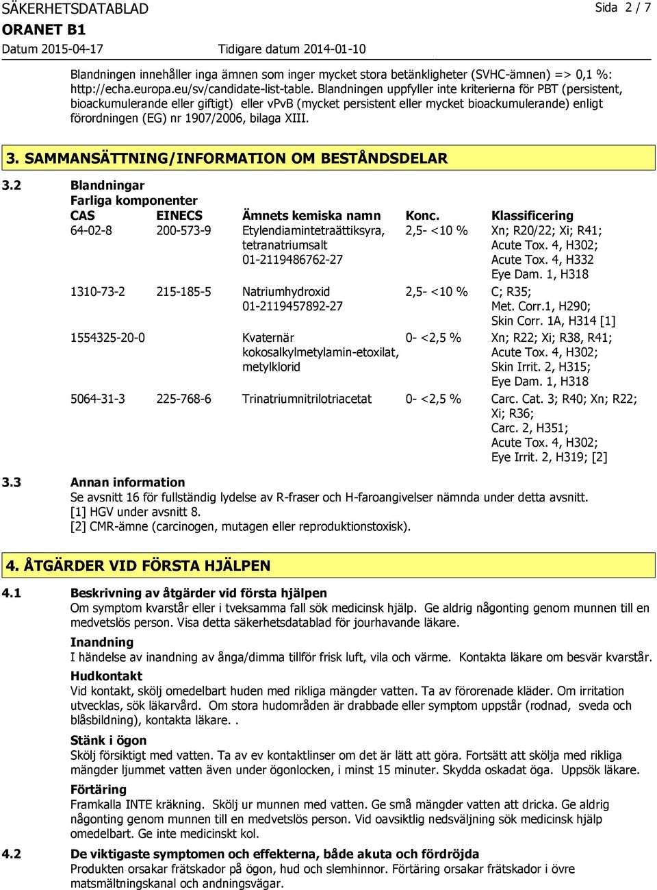 XIII. 3. SAMMANSÄTTNING/INFORMATION OM BESTÅNDSDELAR 3.2 Blandningar Farliga komponenter CAS EINECS Ämnets kemiska namn Konc.