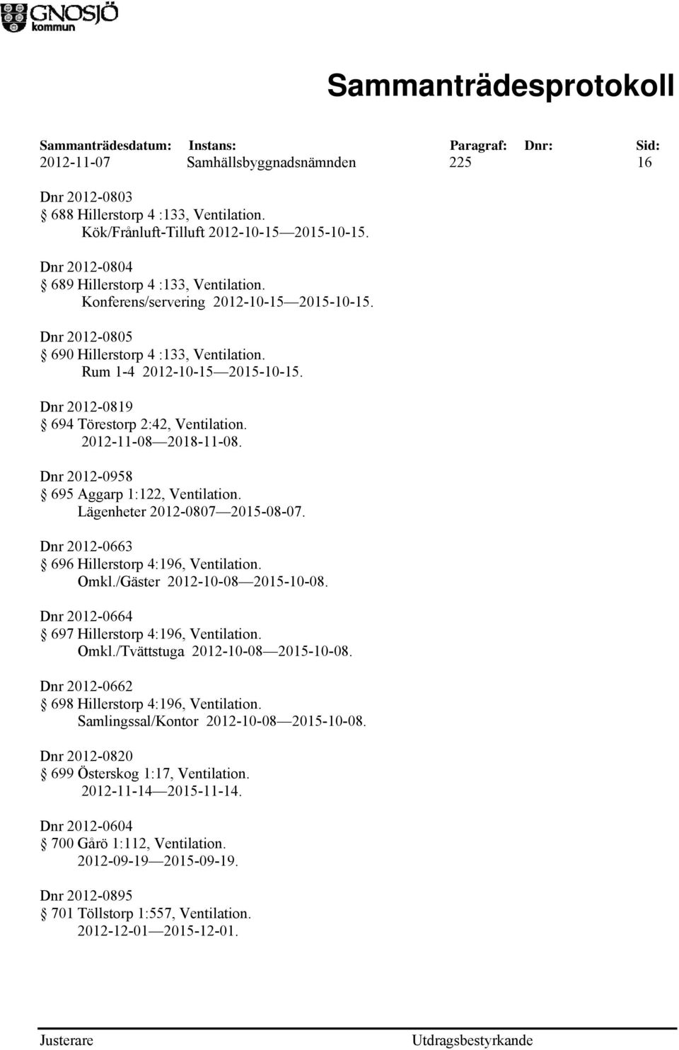 Dnr 2012-0958 695 Aggarp 1:122, Ventilation. Lägenheter 2012-0807 2015-08-07. Dnr 2012-0663 696 Hillerstorp 4:196, Ventilation. Omkl./Gäster 2012-10-08 2015-10-08.