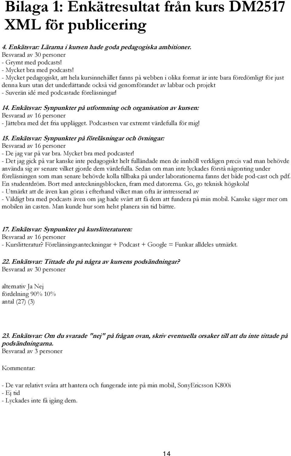 Suverän idé med podcastade föreläsningar! 14. Enkätsvar: Synpunkter på utformning och organisation av kursen: Besvarad av 16 personer - Jättebra med det fria upplägget.