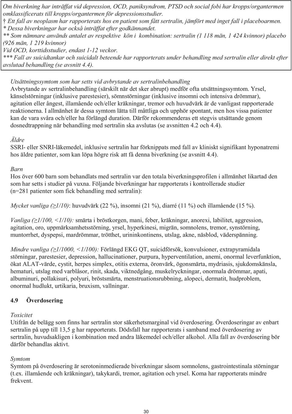 ** Som nämnare används antalet av respektive kön i kombination: sertralin (1 118 män, 1 424 kvinnor) placebo (926 män, 1 219 kvinnor) Vid OCD, korttidsstudier, endast 1-12 veckor.