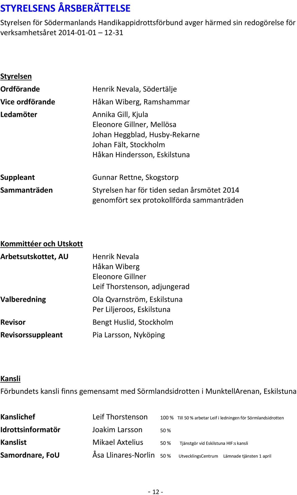 Skogstorp Sammanträden Styrelsen har för tiden sedan årsmötet 2014 genomfört sex protokollförda sammanträden Kommittéer och Utskott Arbetsutskottet, AU Valberedning Revisor Revisorssuppleant Henrik