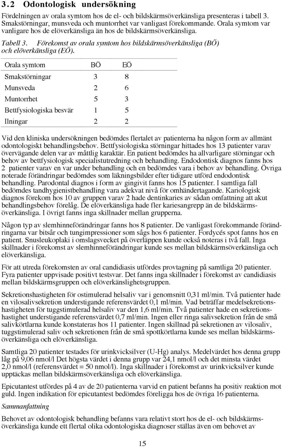 Orala symtom B E Smakstšrningar 3 8 Munsveda 2 6 Muntorrhet 5 3 Bettfysiologiska besvšr 1 5 Ilningar 2 2 Vid den kliniska undersškningen bedšmdes flertalet av patienterna ha nœgon form av allmšnt