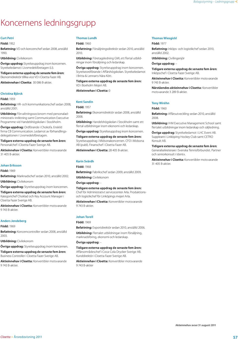 Aktieinnehav i Cloetta: 30 086 B-aktier. Christina Björck Född: 1959 Befattning: HR- och kommunikationschef sedan 2008, anställd 2001.