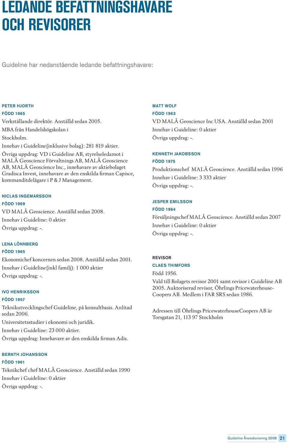 , innehavare av aktiebolaget Gradisca Invest, innehavare av den enskilda firman Capisce, kommanditdelägare i P & J Management. Niclas Ingemarsson född 1969 VD MALÅ Geoscience. Anställd sedan 2008.