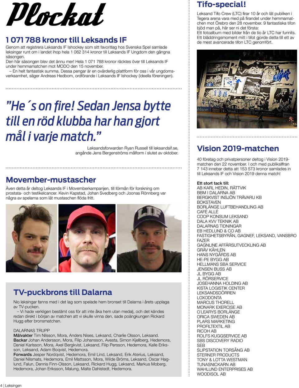 Dessa pengar är en ovärderlig plattform för oss i vår ungdomsverksamhet, säger Andreas Hedbom, ordförande i Leksands IF Ishockey (ideella föreningen). Tifo-special!