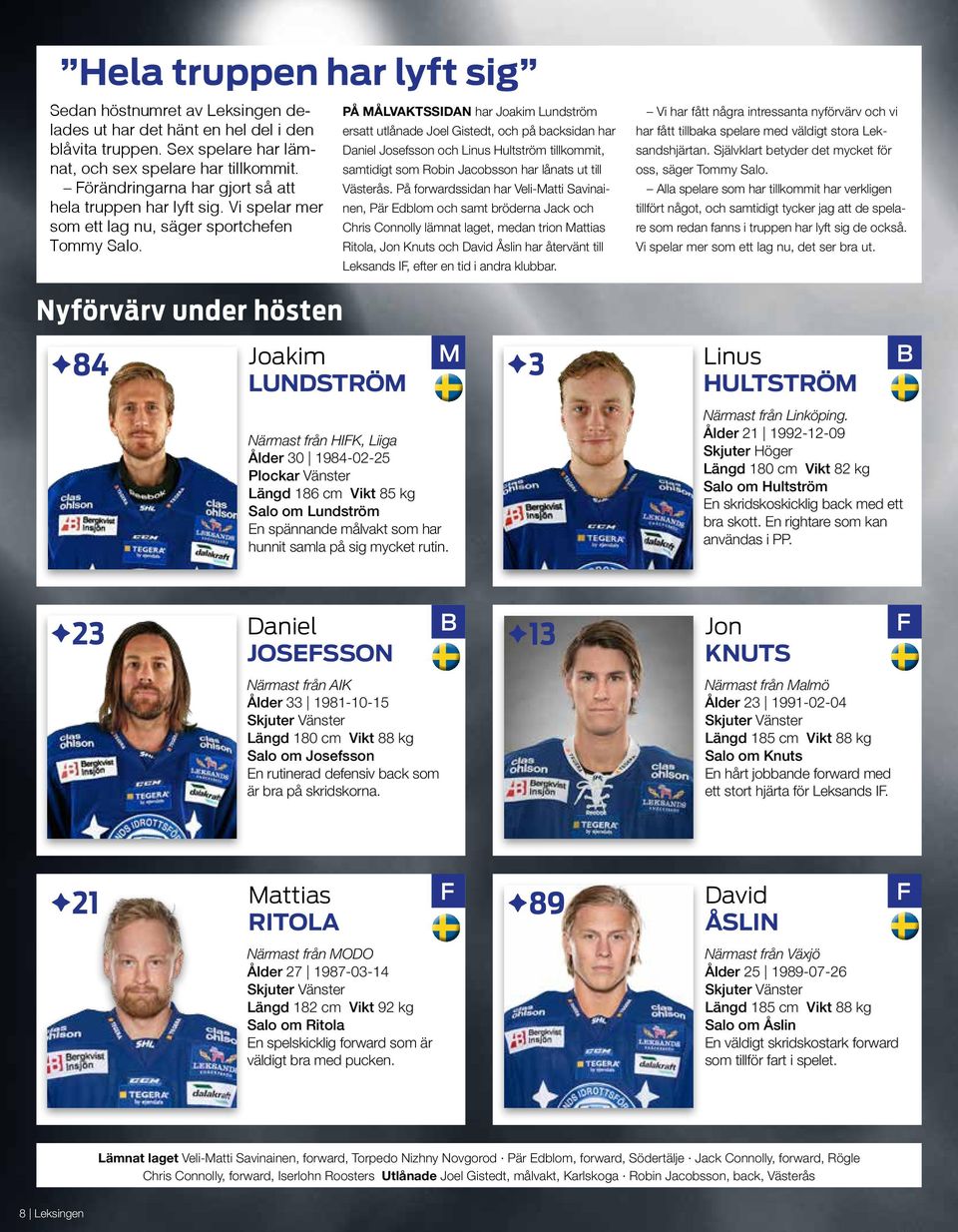 PÅ MÅLVAKTSSIDAN har Joakim Lundström ersatt utlånade Joel Gistedt, och på backsidan har Daniel Josefsson och Linus Hultström tillkommit, samtidigt som Robin Jacobsson har lånats ut till Västerås.