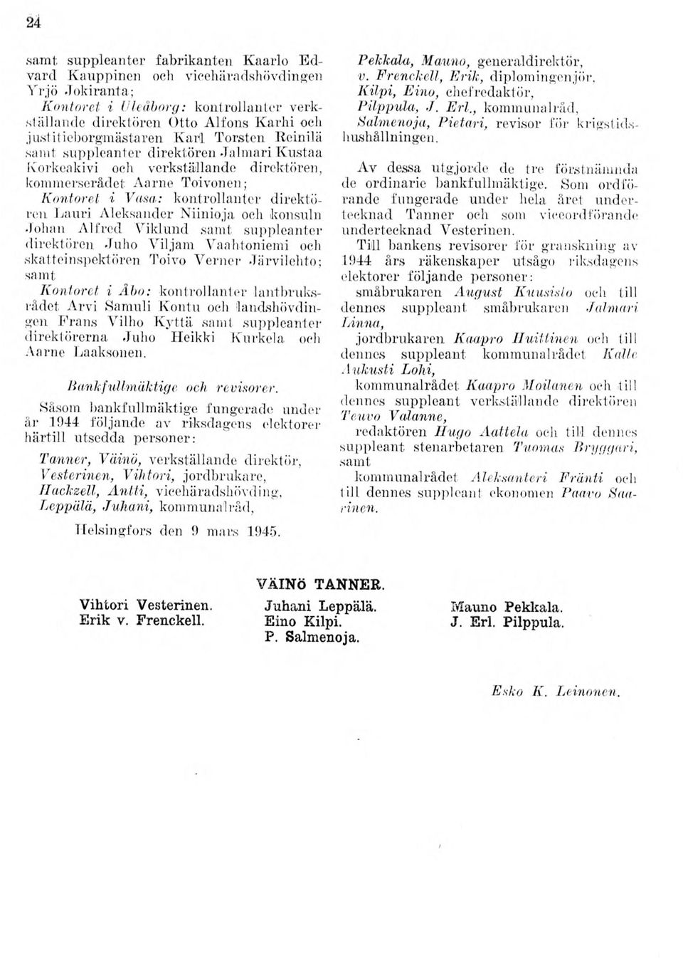 Aleksander N iinioja och konsuln Johan A lfred Viklund samt suppleanter direktören Juho Viljam Vaahtoniemi och skatteinspektören Toivo Verner Järvilehto; samt K ontoret i Å b o: kontrollanter