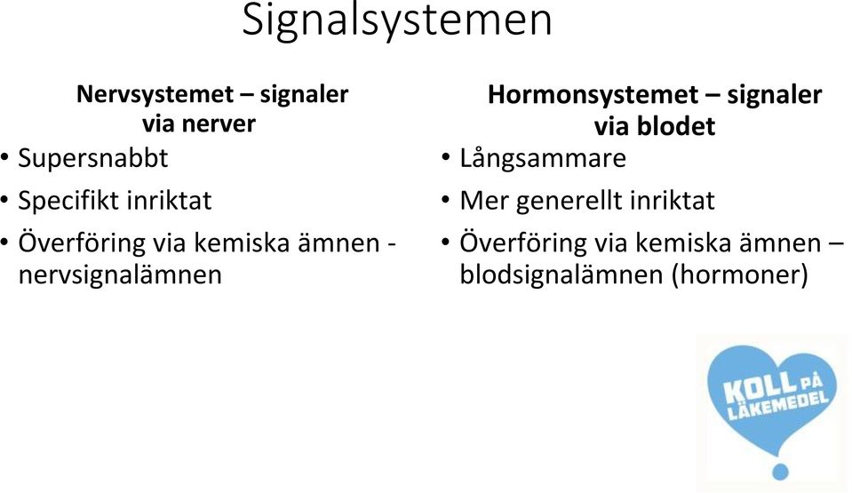 nervsignalämnen Hormonsystemet signaler via blodet Långsammare