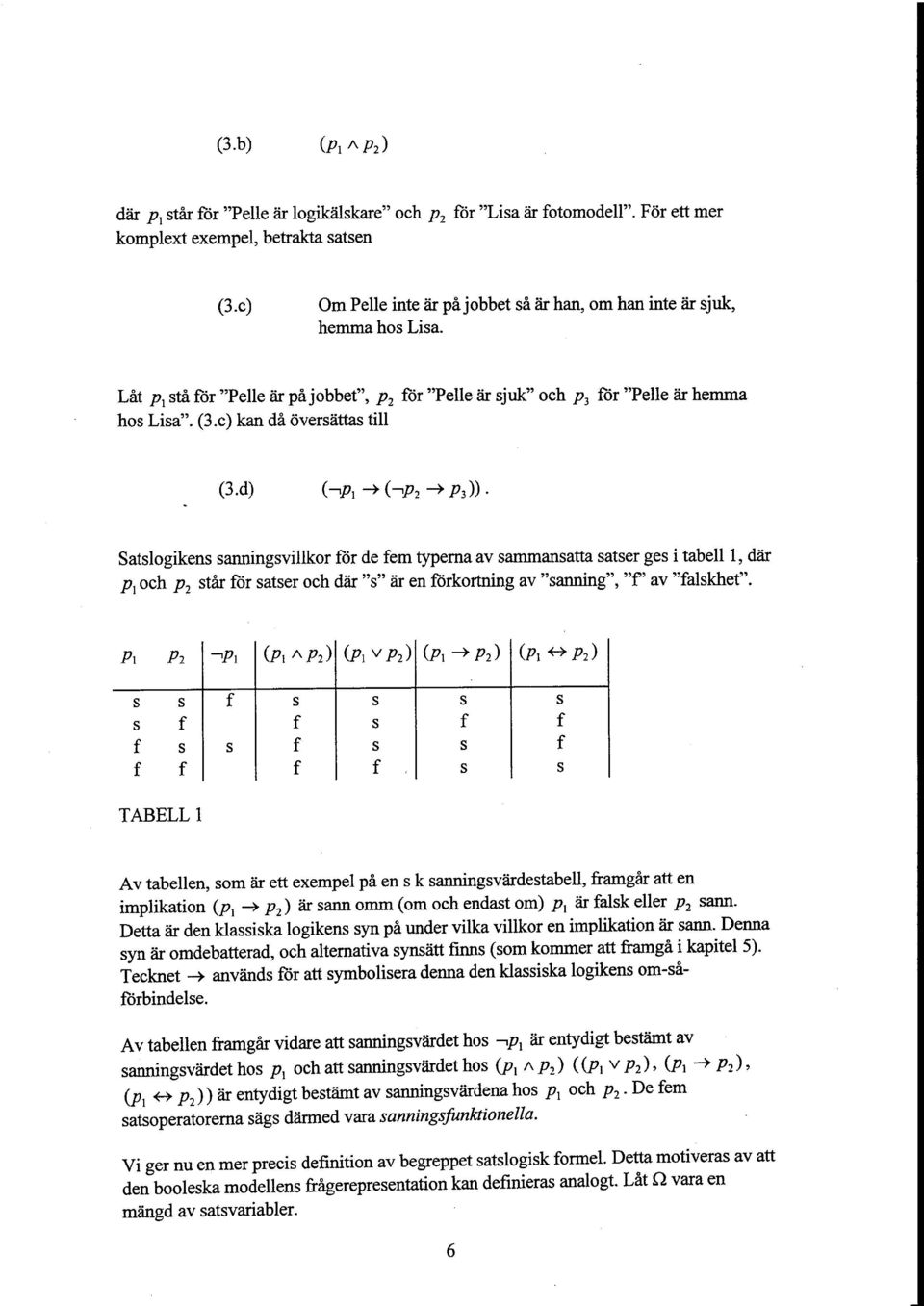 c) kan da oversattas till Satslogikens sanningsvillkor for de fern typema av sammansatta satser ges i tabell 1, dar p 1 och p 2 star for satser och dar "s" ar en forkortning av "sanning", "f' av