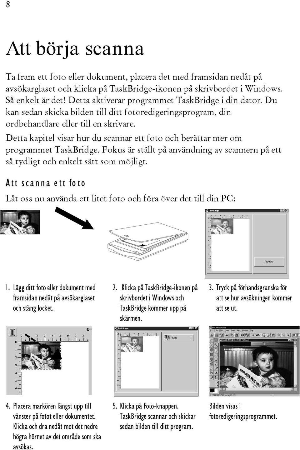 Detta kapitel visar hur du scannar ett foto och berättar mer om programmet TaskBridge. Fokus är ställt på användning av scannern på ett så tydligt och enkelt sätt som möjligt.