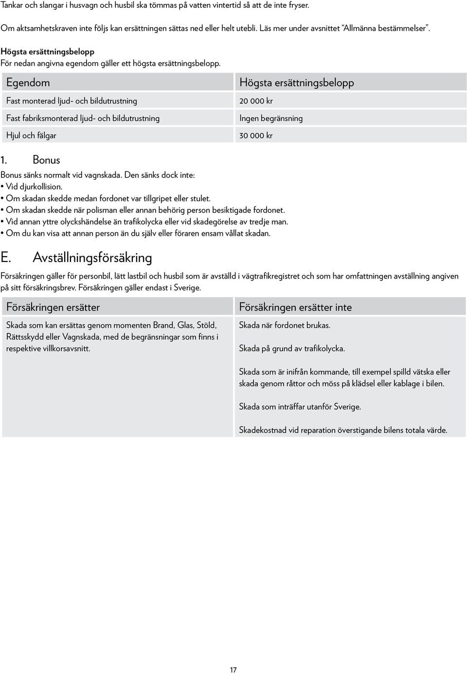 Egendom Fast monterad ljud- och bildutrustning Fast fabriksmonterad ljud- och bildutrustning Hjul och fälgar Högsta ersättningsbelopp 20 000 kr Ingen begränsning 30 000 kr 1.