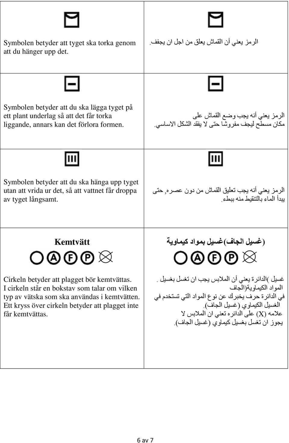 الرمز يعني أنه يجب وضع القماش على مكان مسطح ليجف مفروشا حتى ال يفقد الشكل االساسي. Symbolen betyder att du ska hänga upp tyget utan att vrida ur det, så att vattnet får droppa av tyget långsamt.