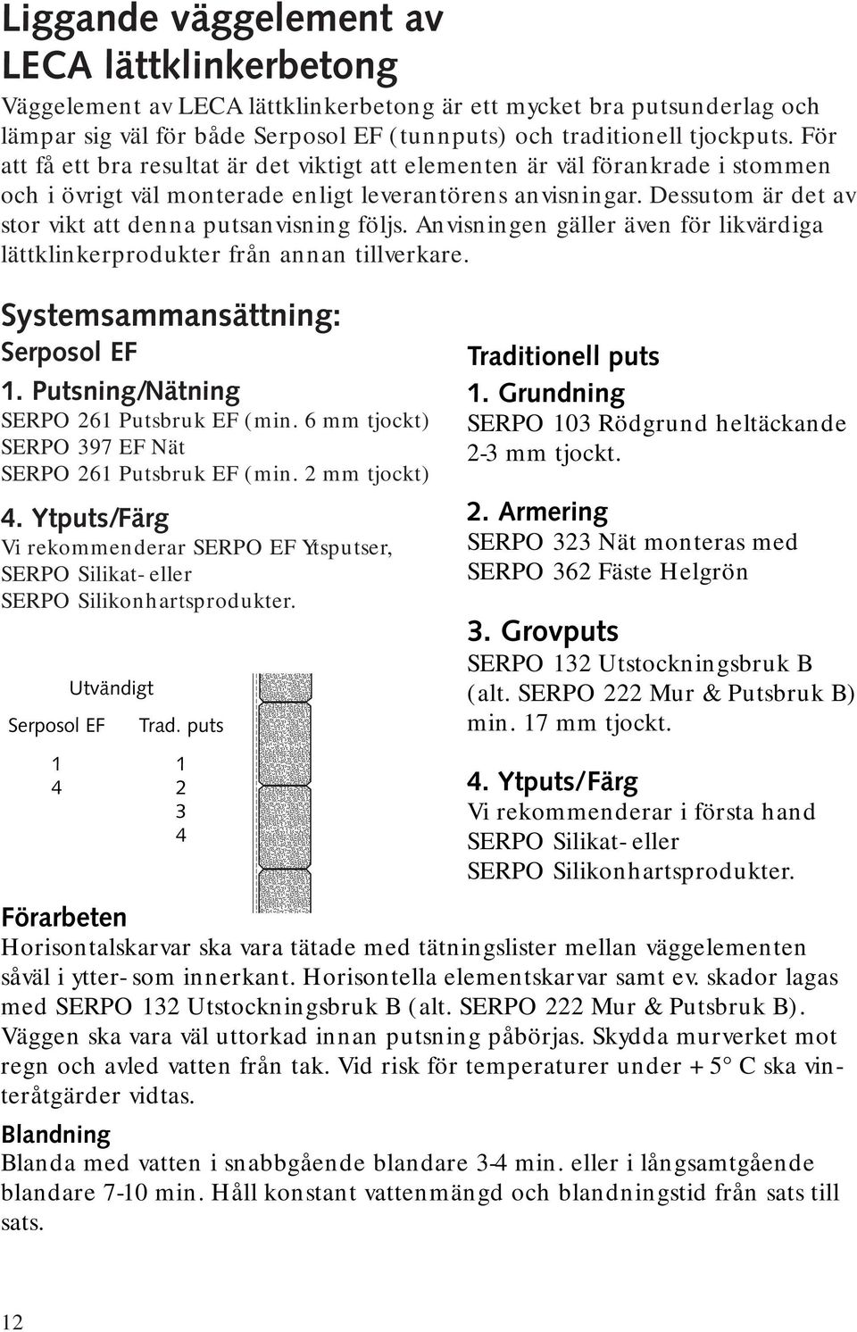 Dessutom är det av stor vikt att denna putsanvisning följs. Anvisningen gäller även för likvärdiga lättklinkerprodukter från annan tillverkare. Systemsammansättning: Serposol EF 1.