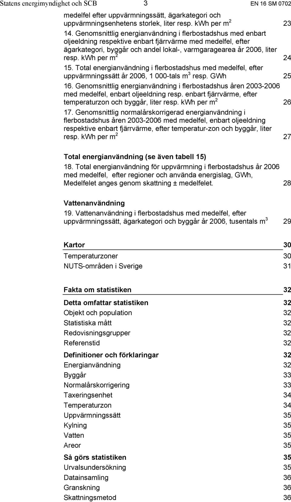 kwh per m 2 24 15. Total energianvändning i flerbostadshus med medelfel, efter uppvärmningssätt år 2006, 1 000-tals m 3 resp. GWh 25 16.