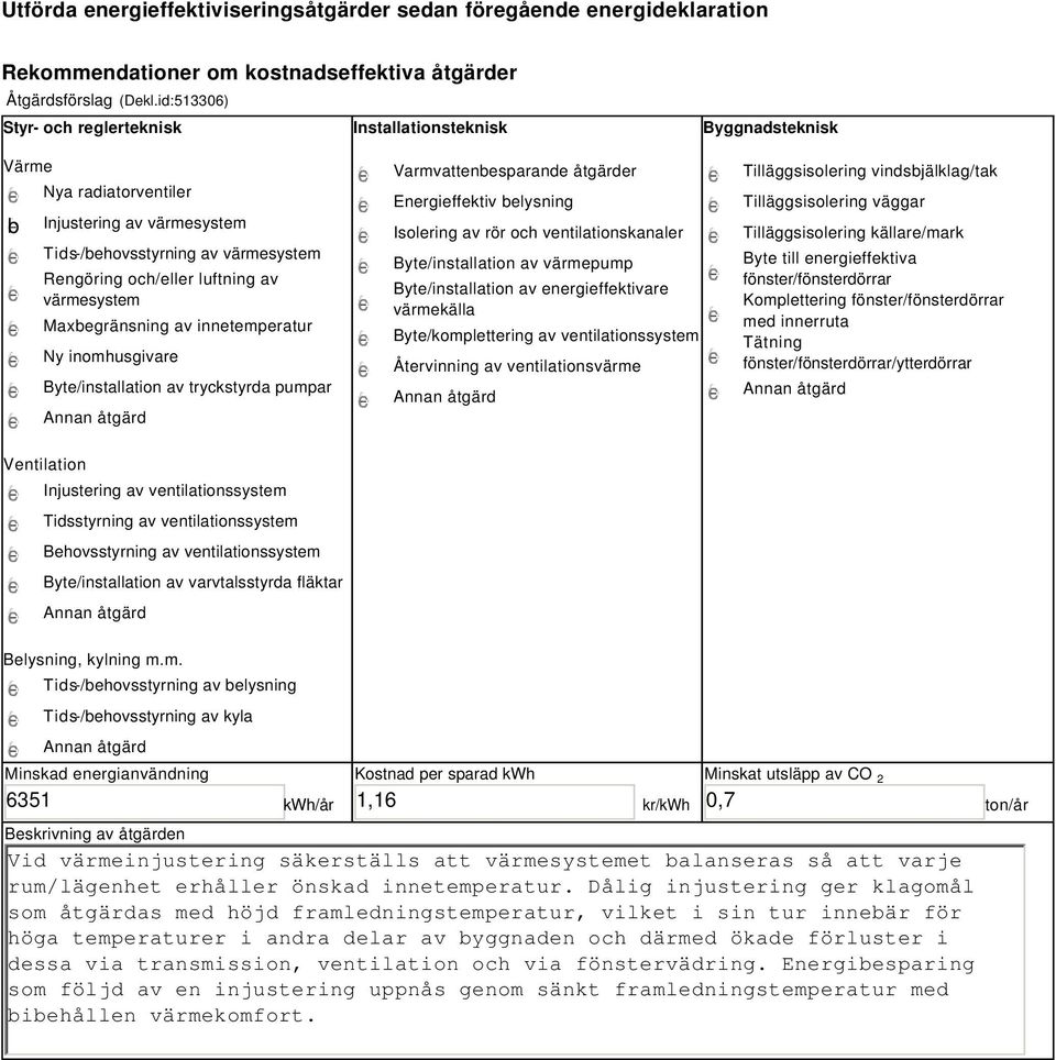 värmesystem Maxbegränsning av innetemperatur Ny inomhusgivare Byte/installation av tryckstyrda pumpar Varmvattenbesparande åtgärder Energieffektiv belysning Isolering av rör och ventilationskanaler