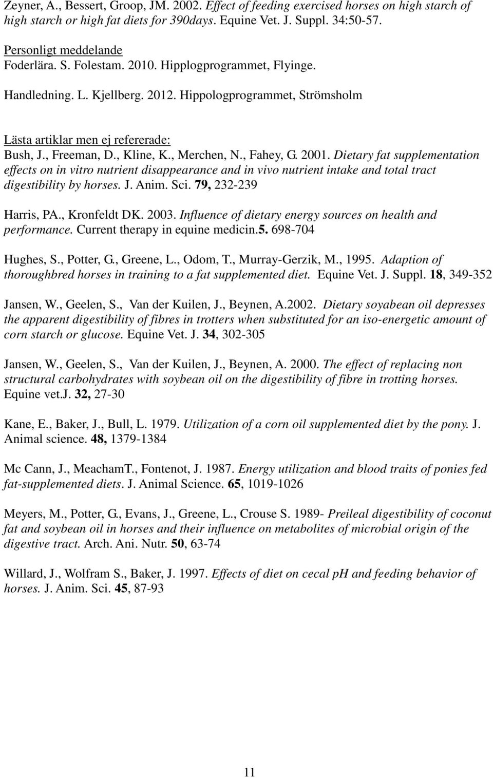 , Fahey, G. 2001. Dietary fat supplementation effects on in vitro nutrient disappearance and in vivo nutrient intake and total tract digestibility by horses. J. Anim. Sci. 79, 232-239 Harris, PA.