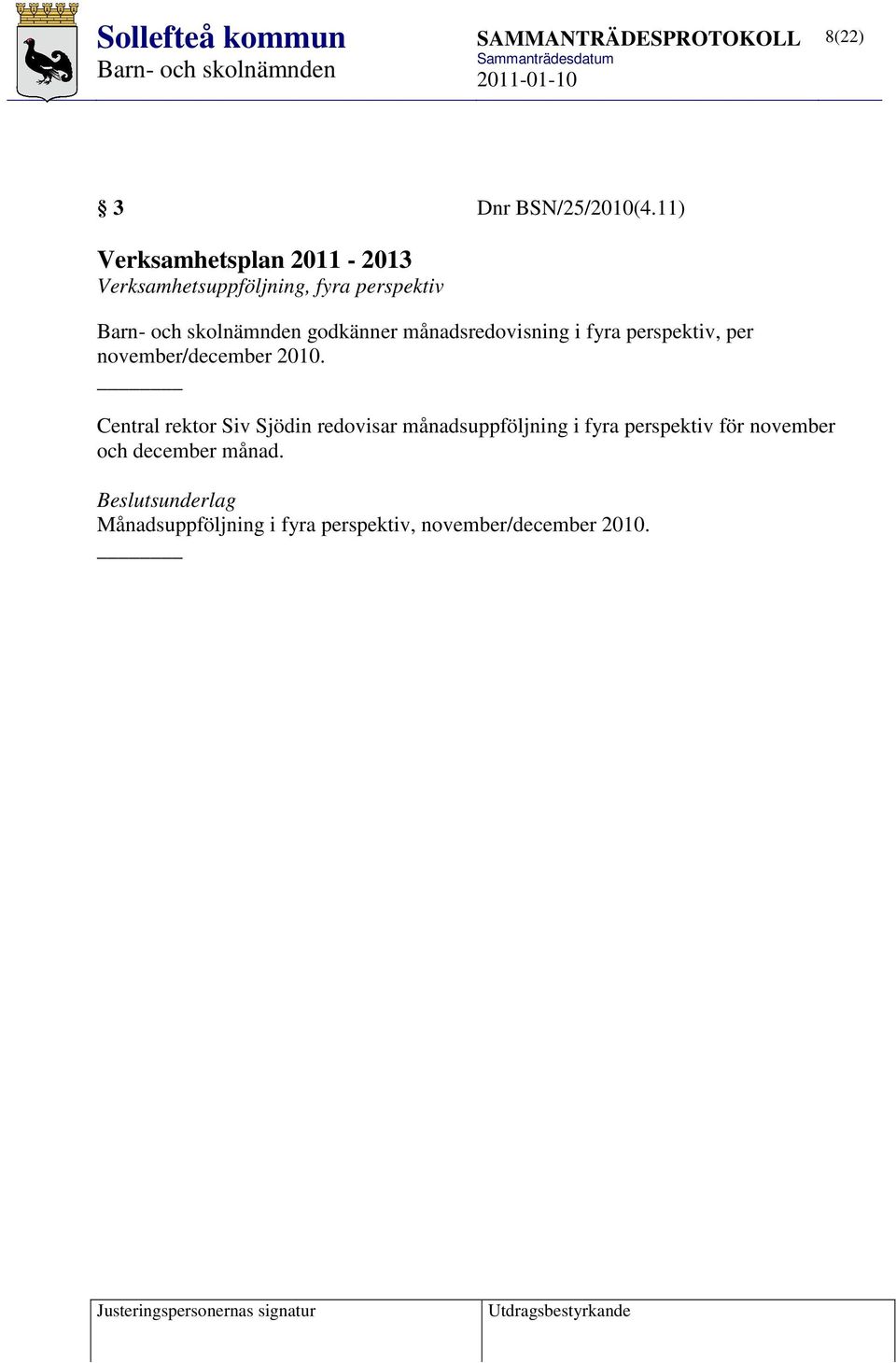 månadsredovisning i fyra perspektiv, per november/december 2010.